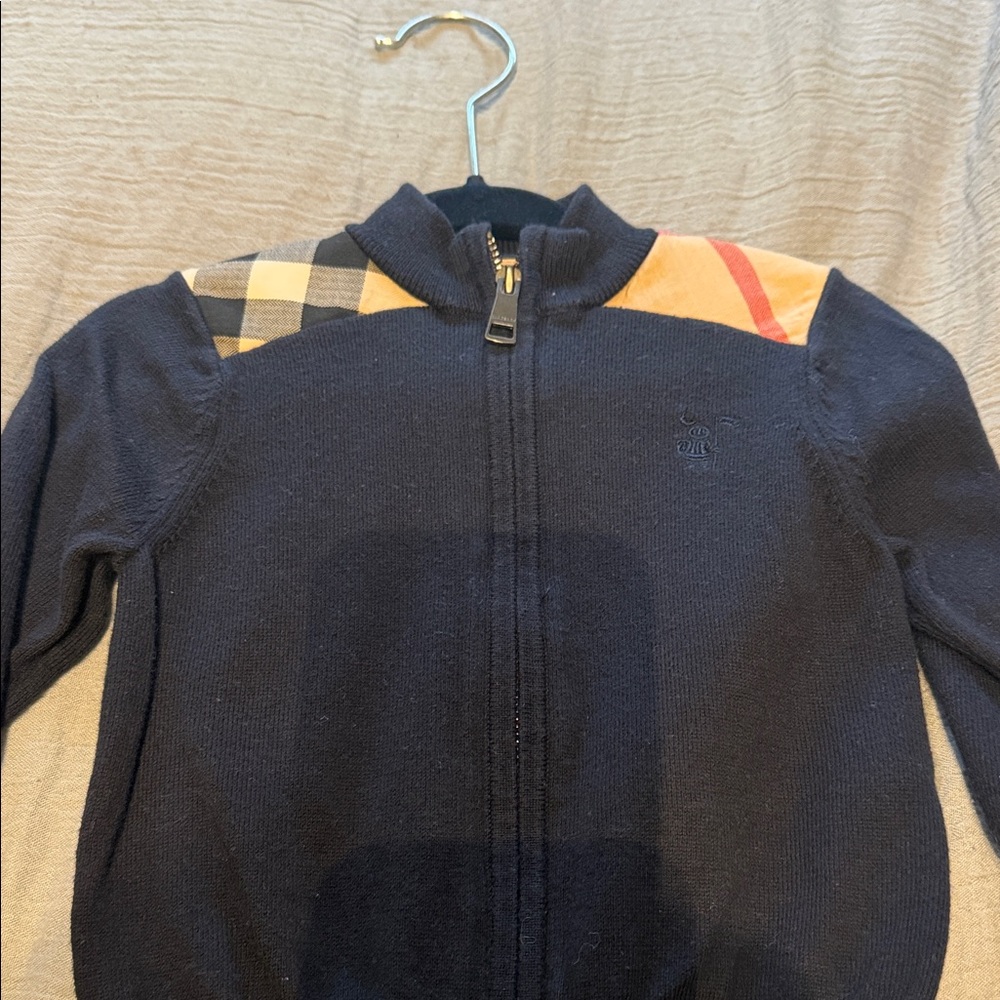 Navy Zip-Up Kids Jacket with Plaid Shoulder Accent Burberry